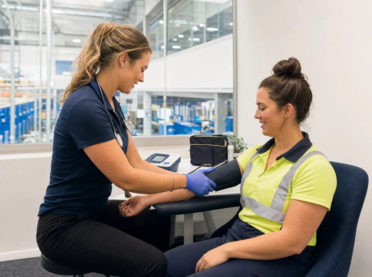 A clinician carrying out an onsite health check for a workplace employee