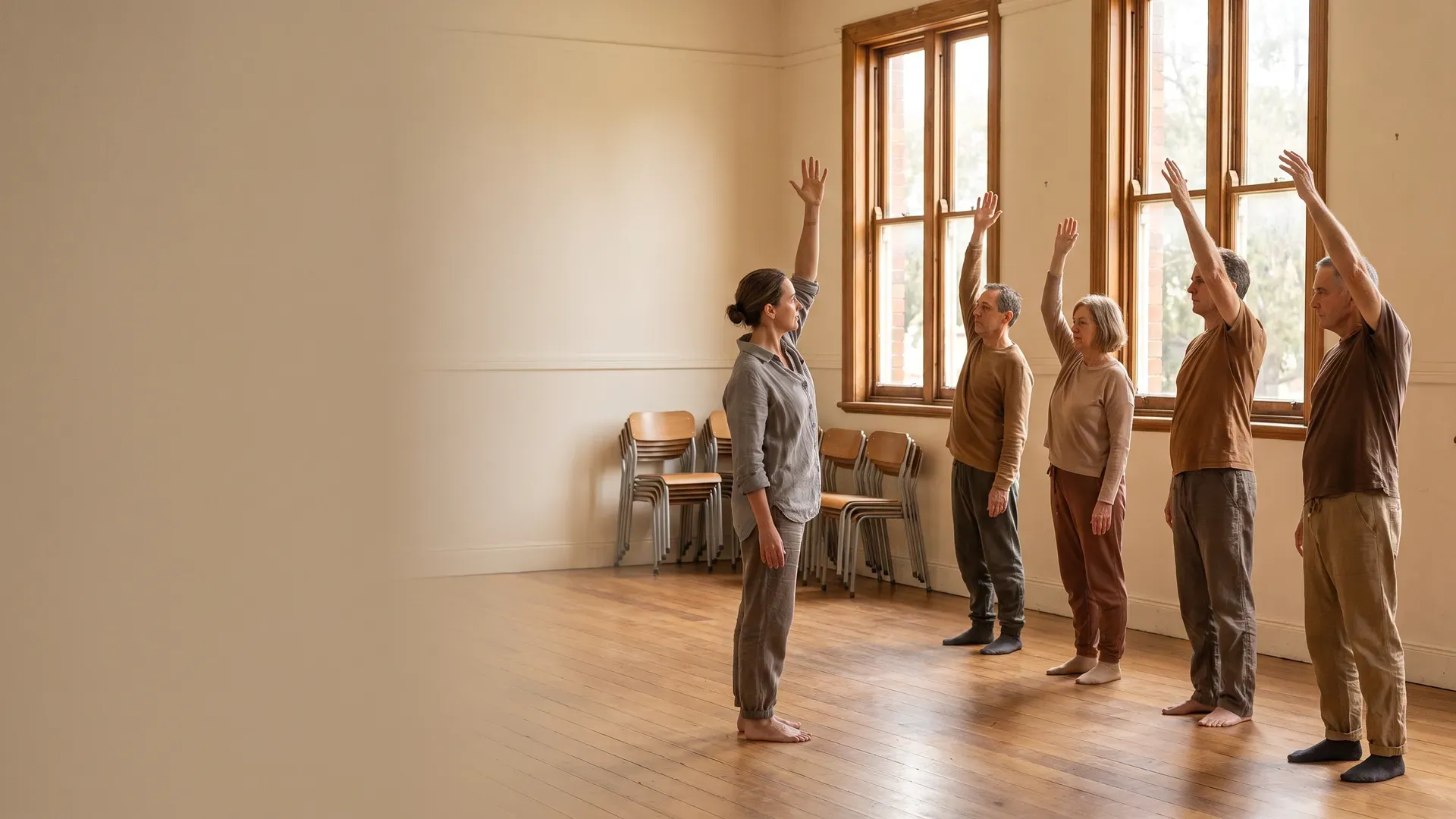 A workplace team following an instructor through simple standing stretches