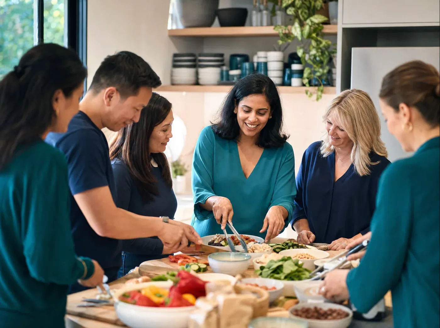 Colleagues learning how to assemble a healthy balanced meal in a workplace kitchen