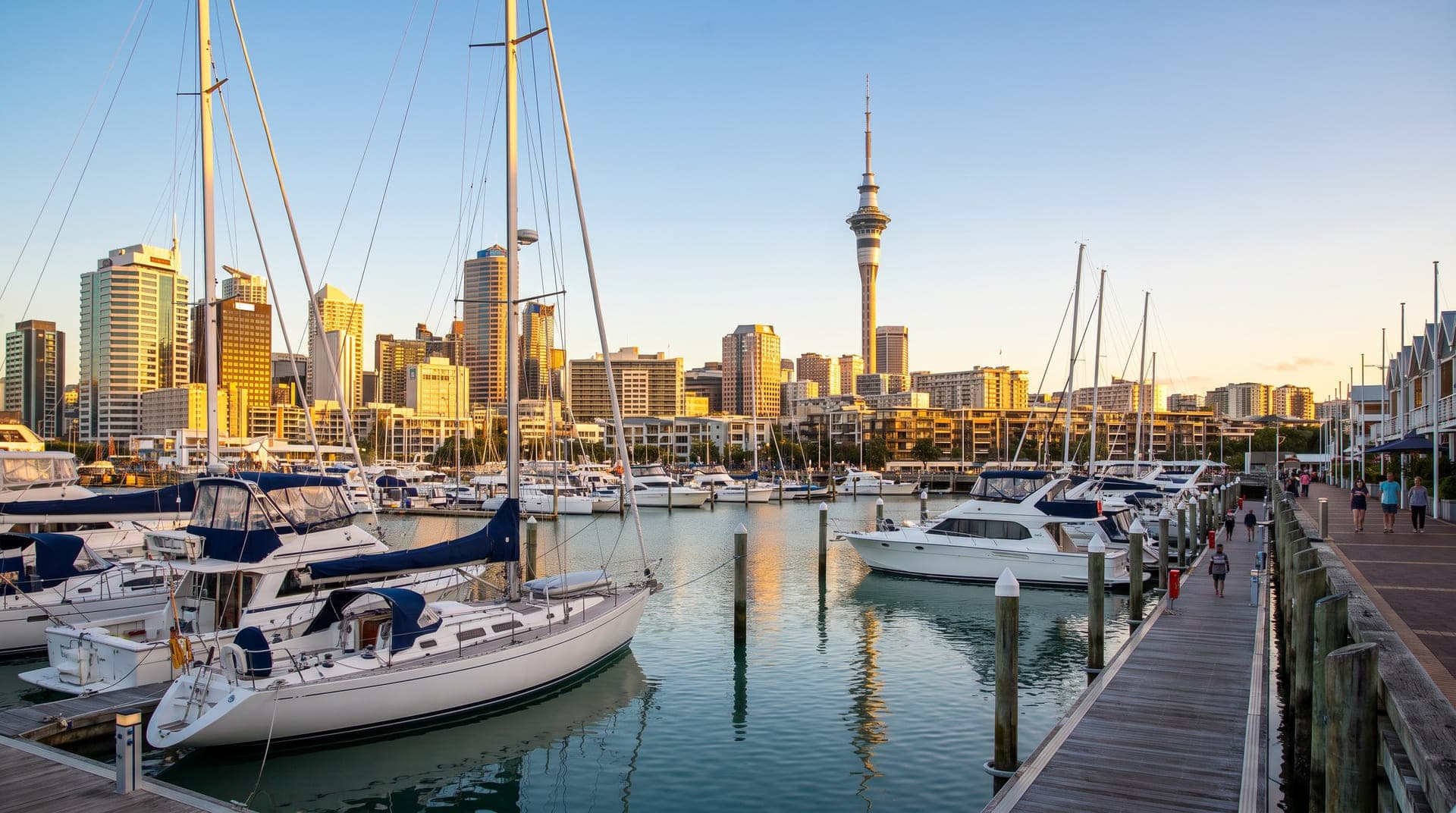 Auckland's Viaduct Harbour and Sky Tower at golden hour