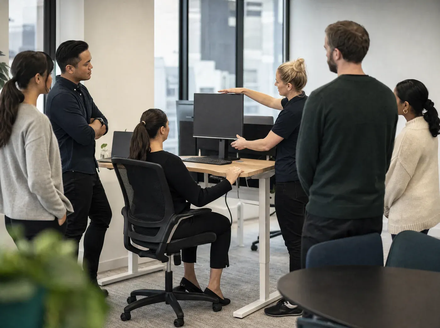 An ergonomics specialist demonstrating monitor height and workstation setup to office employees